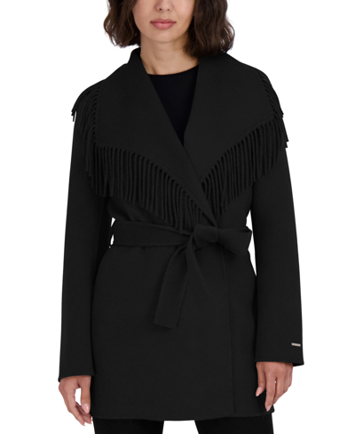 Shop Tahari Women's Frankie Belted Fringe-trim Coat In Black