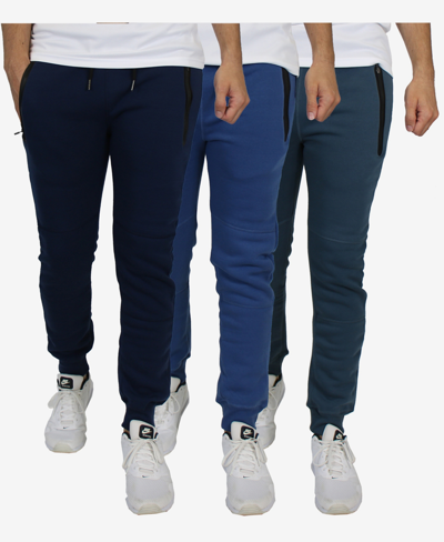 Shop Blu Rock Men's Slim Fit Fleece Jogger Sweatpants With Heat Seal Zipper Pockets, Pack Of 3 In Navy/heather Gray/blue