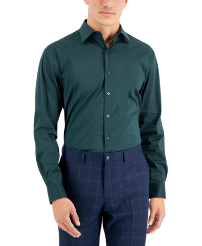 Shop Alfani Men's Regular Fit 2-way Stretch Stain Resistant Medallion Print Dress Shirt, Created For Macy's In Green Black
