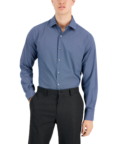 Shop Alfani Men's Slim Fit 4-way Stretch Geo-print Dress Shirt, Created For Macy's In Navy Blue
