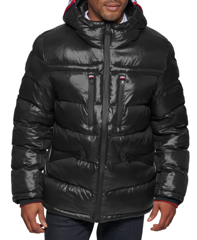 Shop Tommy Hilfiger Men's Fashion Shine Quilted Hooded Puffer Jacket In Black