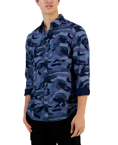 Shop Alfani Men's Camo Print Button-front Long-sleeve Pocket Shirt, Created For Macy's In Blue Nite Escape