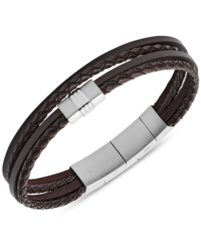 Shop Fossil Men's Brown Multi-strand Braided Leather Bracelet In Silver