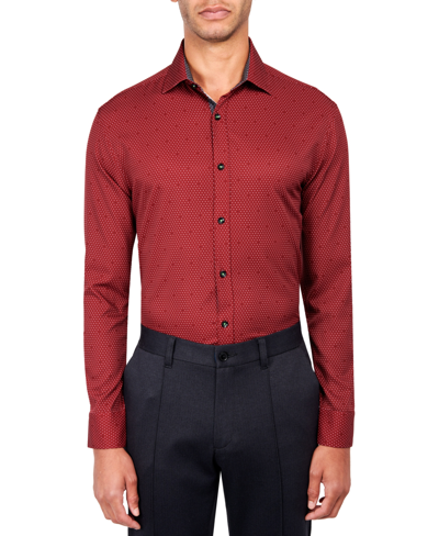 Shop Society Of Threads Men's Slim Fit Non-iron Dot-print Performance Stretch Dress Shirt In Burgundy