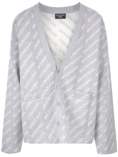 Shop Balenciaga Grey And White Cotton Knit Mini Allover Logo Cardigan