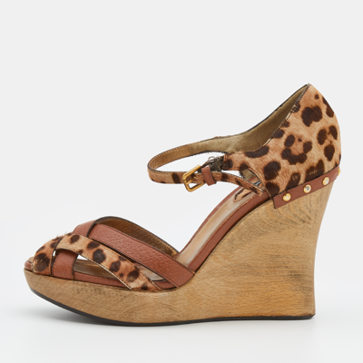 Pre-owned Dolce & Gabbana Brown Leather And Leopard Print Calf Hair Ankle Strap Wedge Sandals Size 38