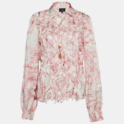 Pre-owned Just Cavalli Pink Printed Satin Silk Ruffle Shirt L