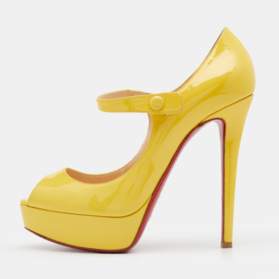 Pre-owned Christian Louboutin Yellow Leather Zeppa Mary Jane Peep Top Platform Pumps Size 38.5