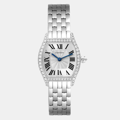 Pre-owned Cartier Silver Diamond 18k White Gold Tortue Wa501011 Manual Winding Women's Wristwatch 24 Mm