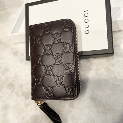Gucci Shima Signature Round Coin Case Purse Card Leather Black 447939 in  2023
