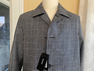 Pre-owned Hugo Boss Men's Black And White Plaid Cotton Blend Geroma Trench Coat, Size 40r