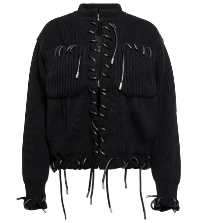 Faux Leather-trimmed Ribbed Wool Cardigan In Black