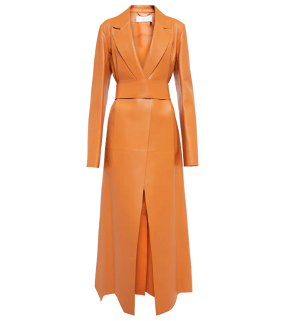 Shop Chloé Generous Leather Wrap Coat In Sunset Orange