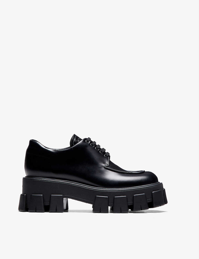 Shop Prada Monolith Brushed Leather Lace-up Shoes In Black