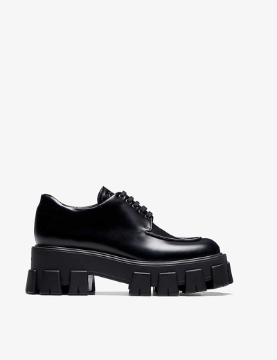 Shop Prada Womens Black Monolith Brushed Leather Lace-up Shoes