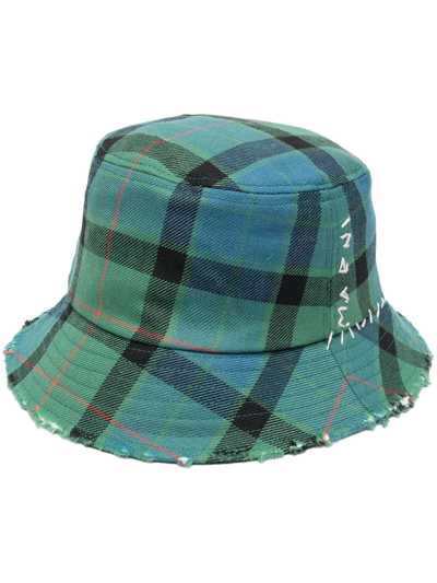 Shop Marni Distressed Tartan Bucket-hat In Green