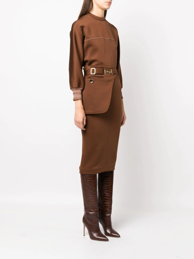 Shop Fendi Seam-detail Belted Jersey Midi Dress In Brown