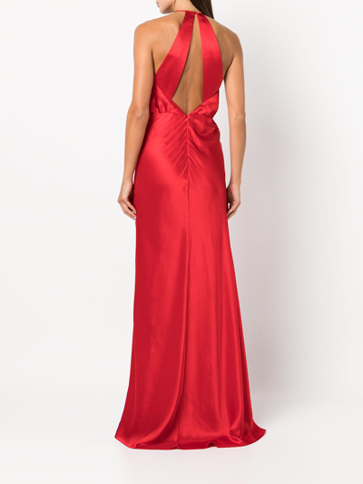 Shop Michelle Mason Pleat-detail Halterneck Gown In Red