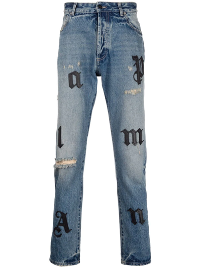 Shop Palm Angels Letter-embellished Skinny Jeans In Blue