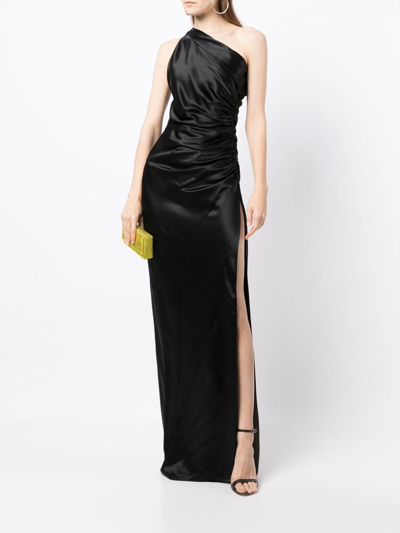 Michelle Mason Gathered-detail One-shoulder Silk Gown In Schwarz