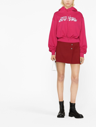 Shop Versace Jeans Couture Logo-embroidered Cropped Hoodie In Rosa