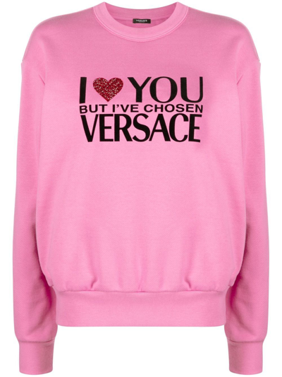 Shop Versace Slogan-print Crew-neck Sweatshirt In Pink