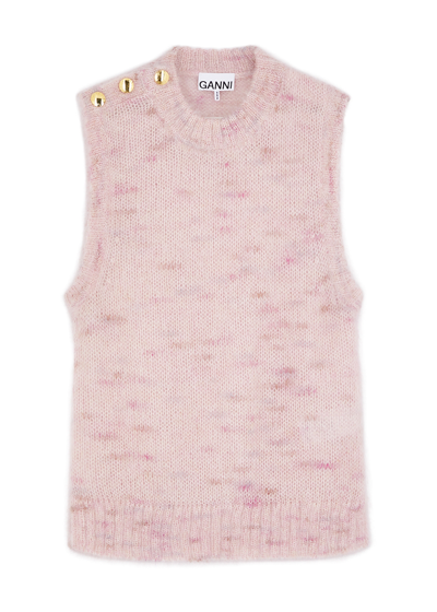 Shop Ganni Open-knit Mohair-blend Vest In Pink