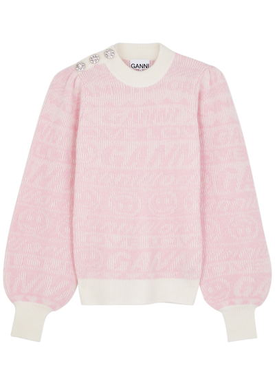 Shop Ganni Logo-intarsia Knitted Jumper In Pink