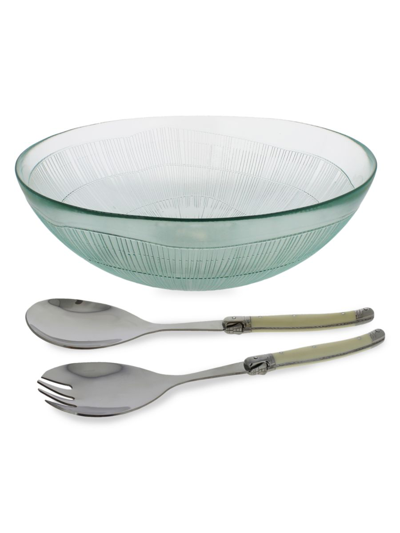 Shop French Home Laguiole 3-piece Recycled Glass Birch Salad Bowl & Servers In Ivory