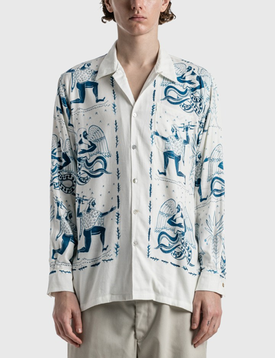Shop Endless Joy Typhon Blue Linen Long Sleeve Shirt In White