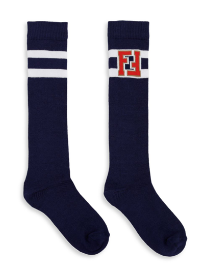 Shop Fendi Boy's Ff Logo High Socks In Navy