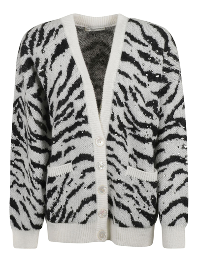 Shop Alessandra Rich Zebra Pattern Knitted Long Cardigan In White