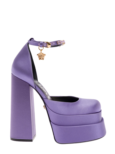 Shop Versace Mary Jane Lilac Satin Pumps With Medusa Charm  Woman In Violet
