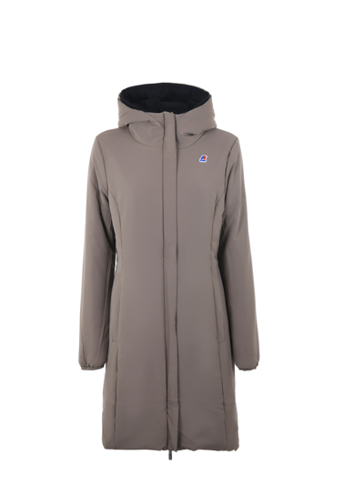 Shop K-way Charlene Warm Double Long Jacket In Reversible Stretch Nylon In Nero/tortora