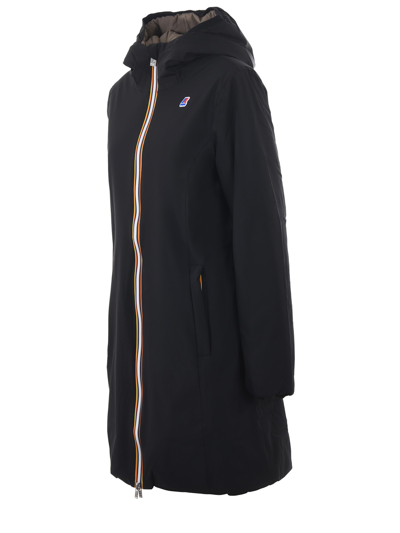 Shop K-way Charlene Warm Double Long Jacket In Reversible Stretch Nylon In Nero/tortora