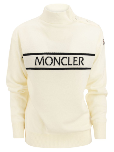 Shop Moncler Logo Intarsia Turtleneck Sweater In White