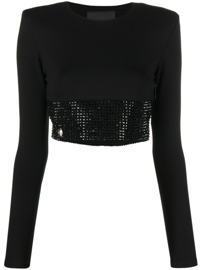 Shop Philipp Plein Crystal-embellished Cropped Long-sleeved Top In Black