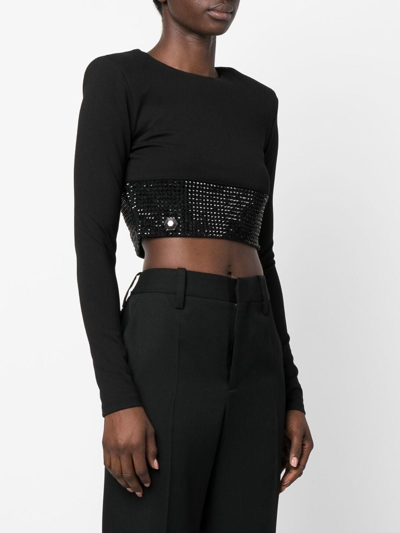 Shop Philipp Plein Crystal-embellished Cropped Long-sleeved Top In Black