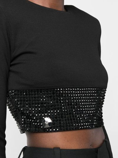 Shop Philipp Plein Crystal-embellished Cropped Long-sleeved Top In Black