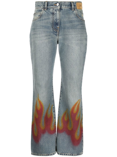 Palm Angels Burning Print Cotton Straight Jeans In Blue