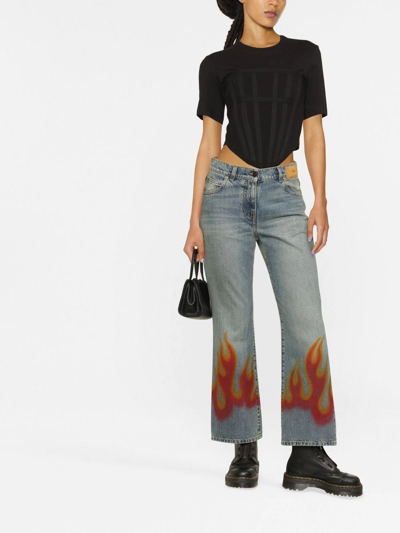 Palm Angels Burning Print Cotton Straight Jeans In Blue