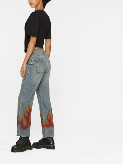 Palm Angels Burning Print Cotton Straight Jeans In Blue