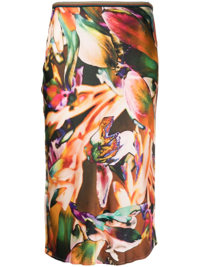 Shop Paul Smith Floral-print Midi Skirt In 橘色