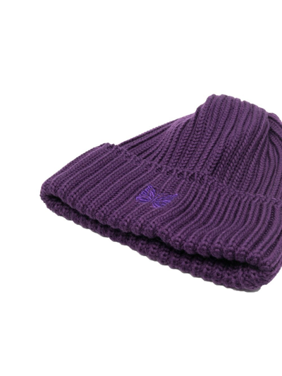 Shop Needles Chunky-knit Embroidered Beanie In Purple