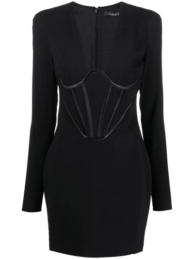 Versace Silk Satin-trimmed Crepe Mini Dress In 黑色