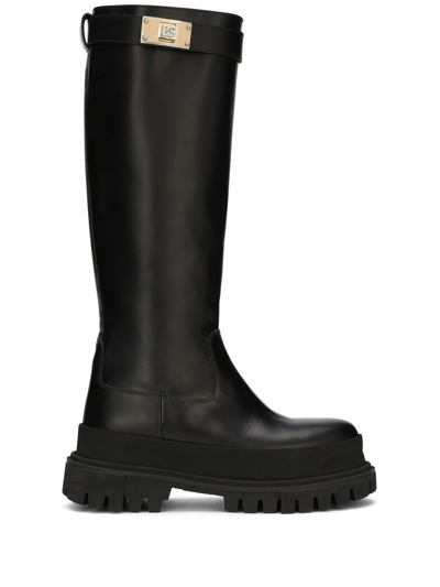 Shop Dolce & Gabbana Logo-strap Knee-length Leather Boots In Black