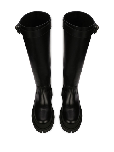 Shop Dolce & Gabbana Logo-strap Knee-length Leather Boots In Black