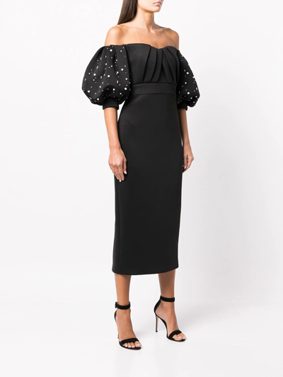 Shop Badgley Mischka Off-shoulder Midi Dress In Black