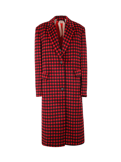 Shop N°21 Checked Long Coat In Red