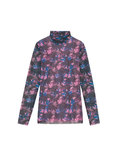 Shop Ganni Printed Mesh Long Sleeve Fitted Rollneck In Daisy Spray Lilac Sachet